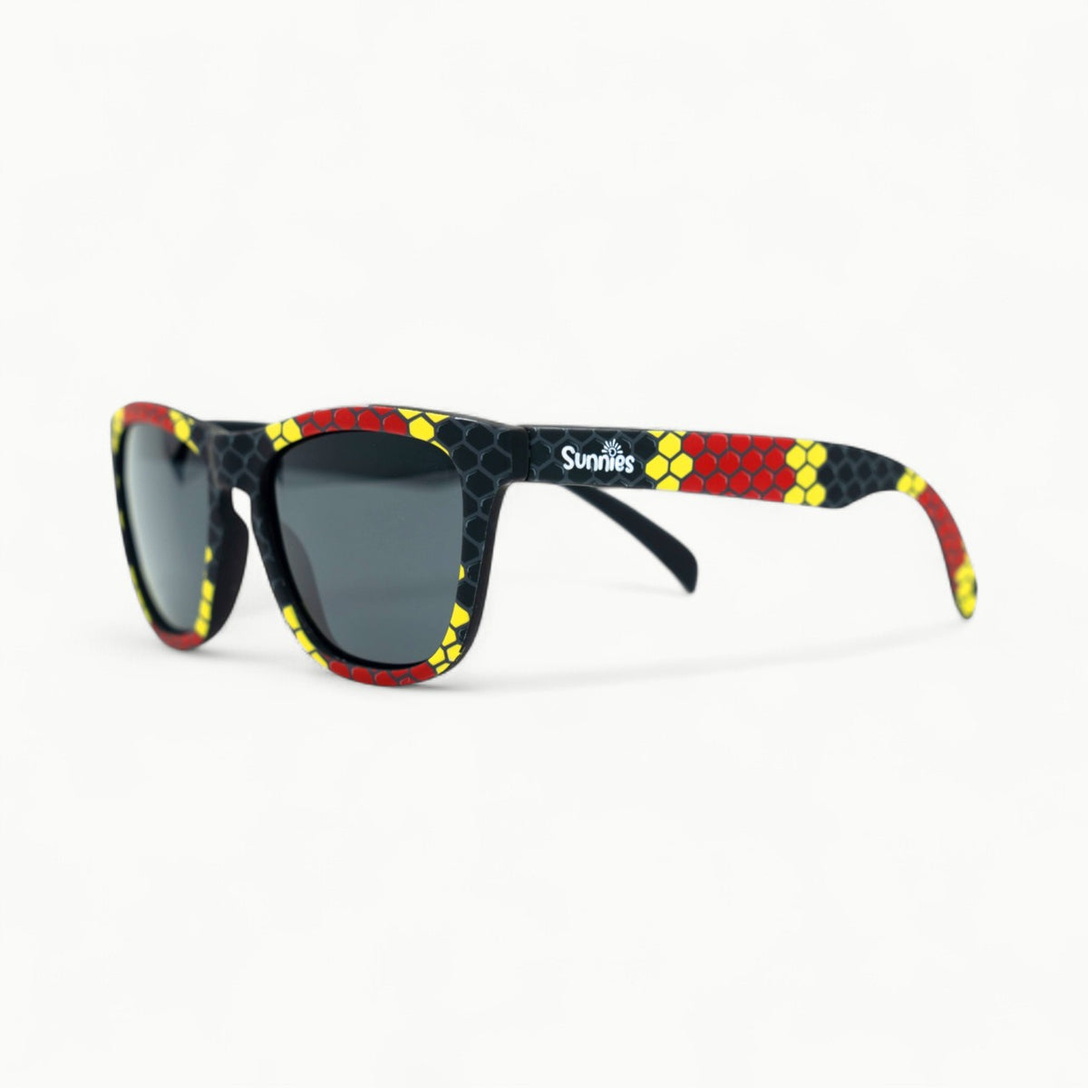 Sir Hisssss coral snake-print polarized sunglasses with non-reflective black lenses and anti-slip frames