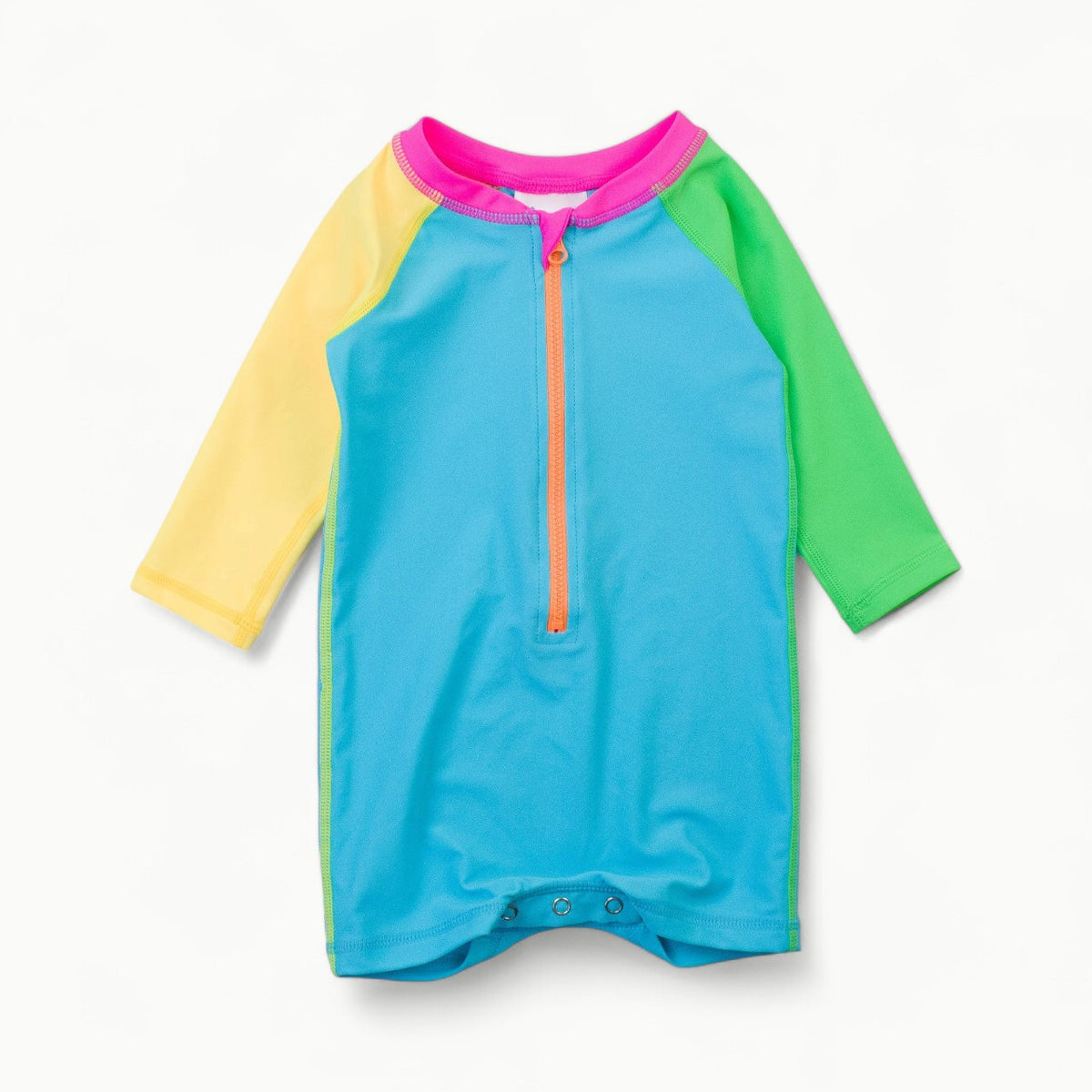 RuggedButts baby boys long sleeve one piece rash guard in neon color block with UPF 50+ sun protection
