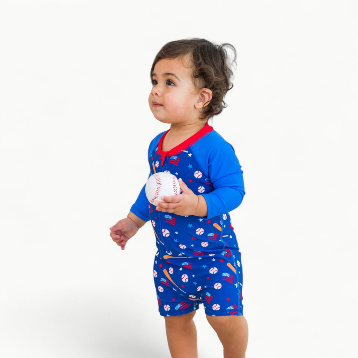 Baby boys' long sleeve one piece rash guard with baseball print and UPF 50+ protection