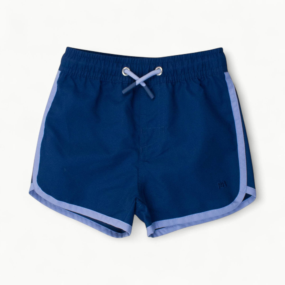 RuggedButts Boys Navy Dolphin Hem Swim Trunks with adjustable drawstring and UPF 50+ protection