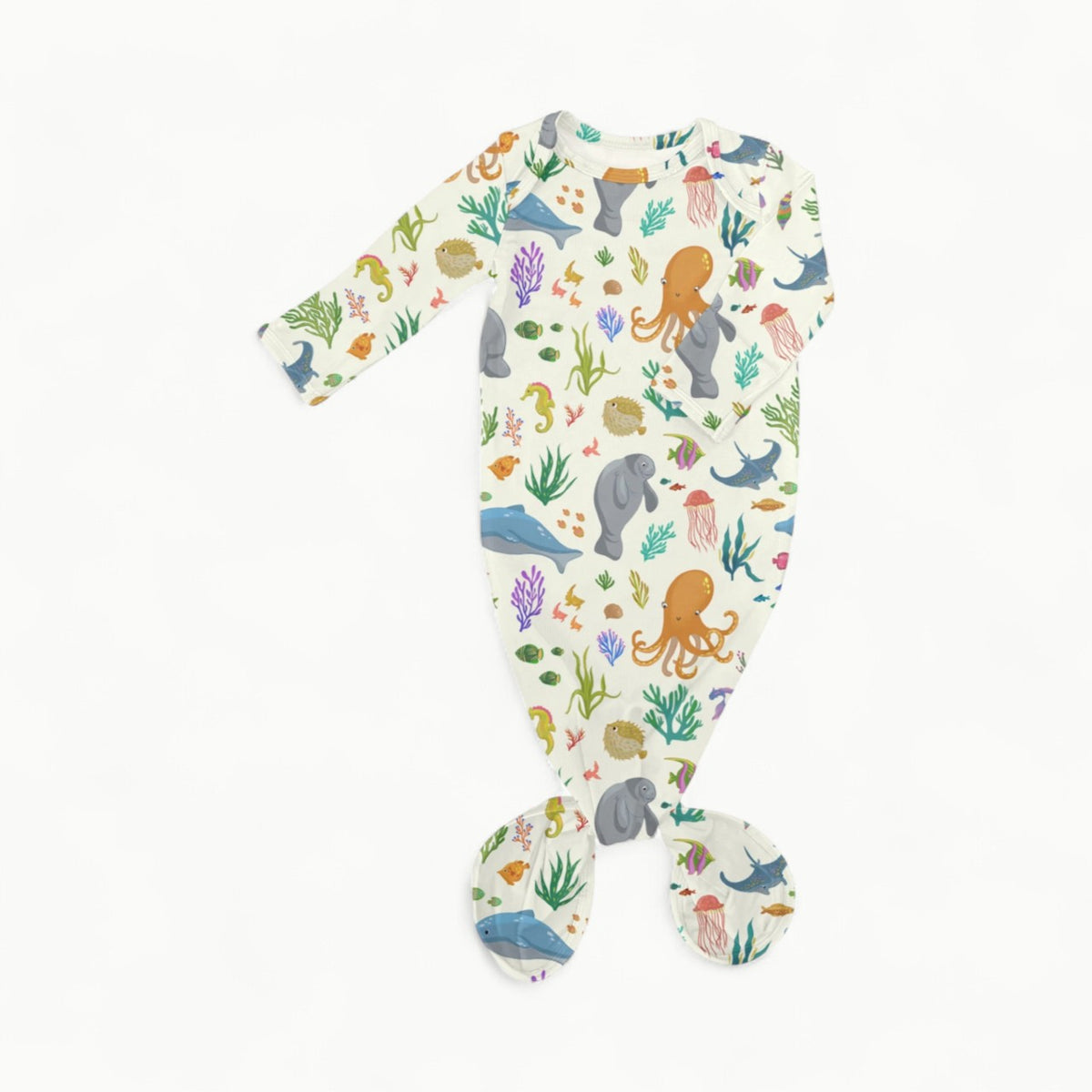 Ocean Friends-Goosie knotted infant gown, 95% bamboo with integrated foldable scratch mitts