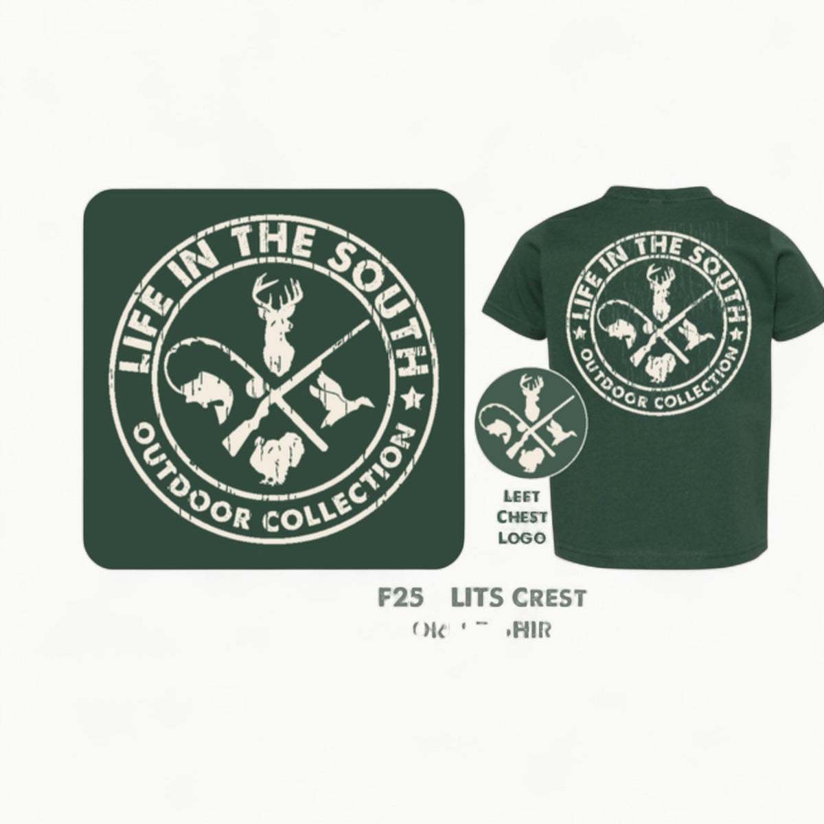 Toddler short-sleeve t-shirt in forest green with crest design, Life in the South