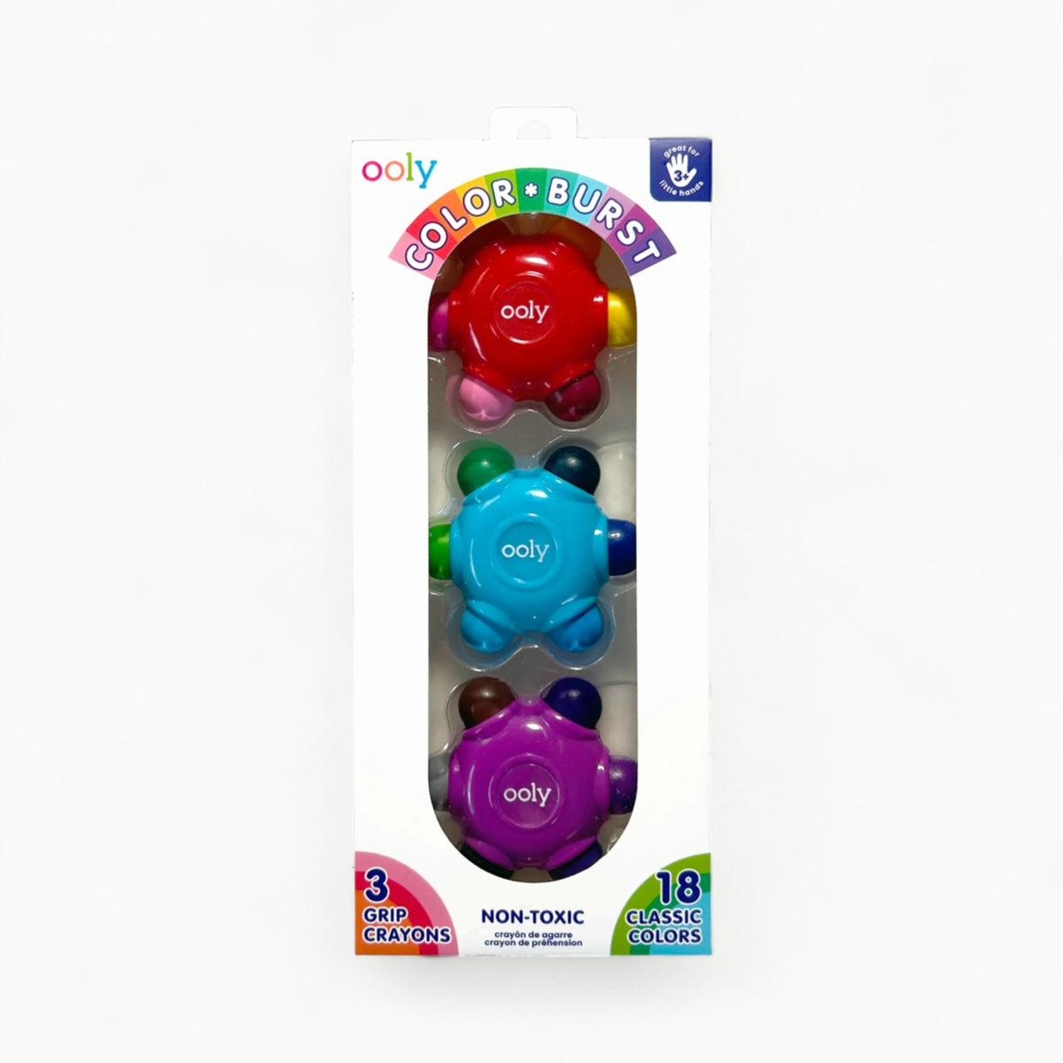 OOLY LV Color Burst Grip Crayons set of three ergonomic flower-shaped crayons in assorted colors