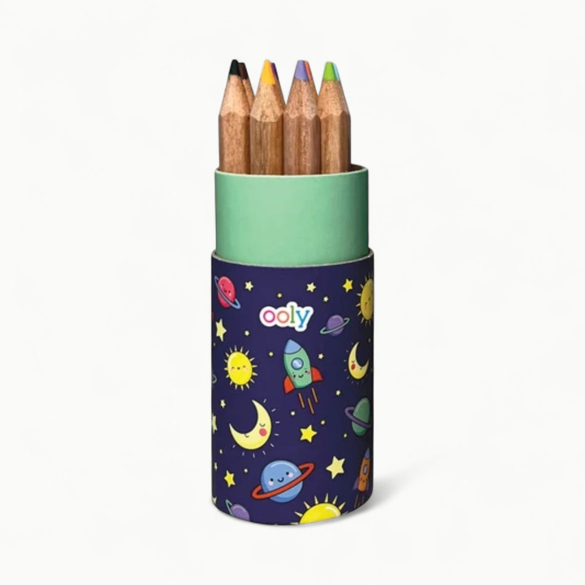 OOLY Draw 'n Doodle Mini Colored Pencils set with integrated sharpener in cylindrical cardboard case