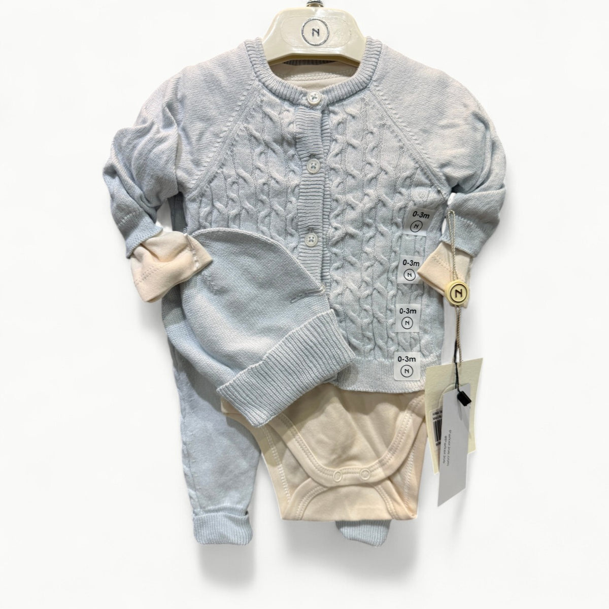 RV Nipperland-Baby knitted set in light blue, heirloom-quality design
