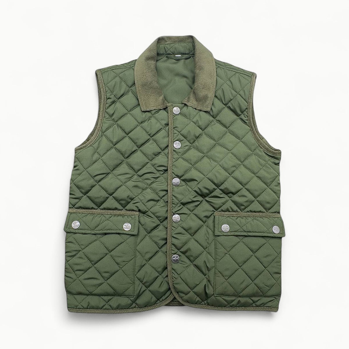 Boys green quilted Derby Field Vest with snap-front closure and corduroy collar by Saltwater Boys