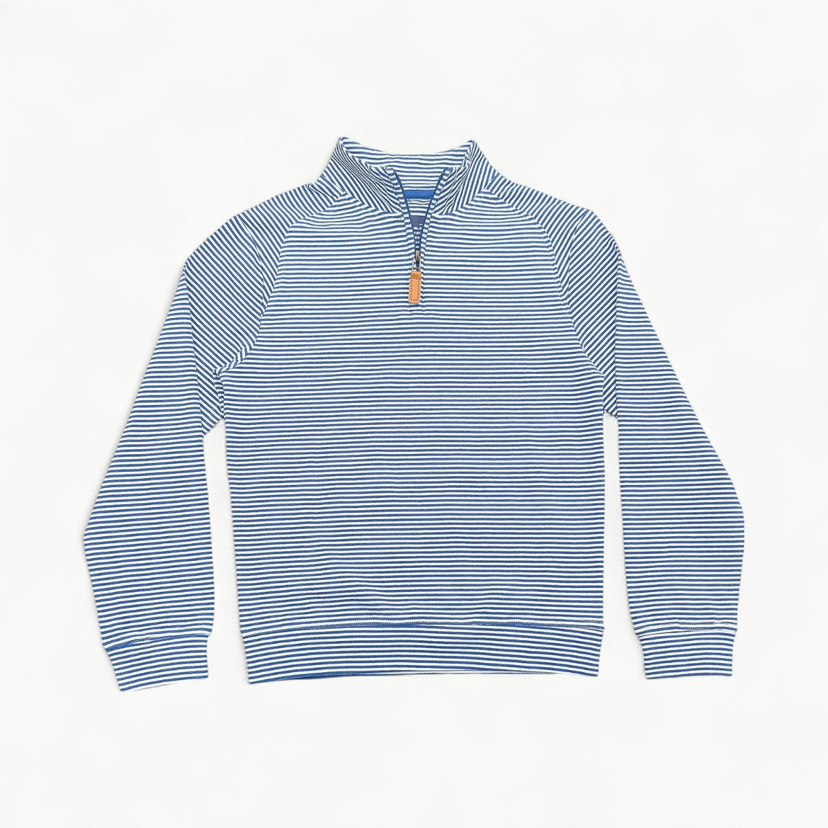Saltwater Boys Collins Quarter Zip pullover in blue stripe, quarter zip closure with faux leather pull