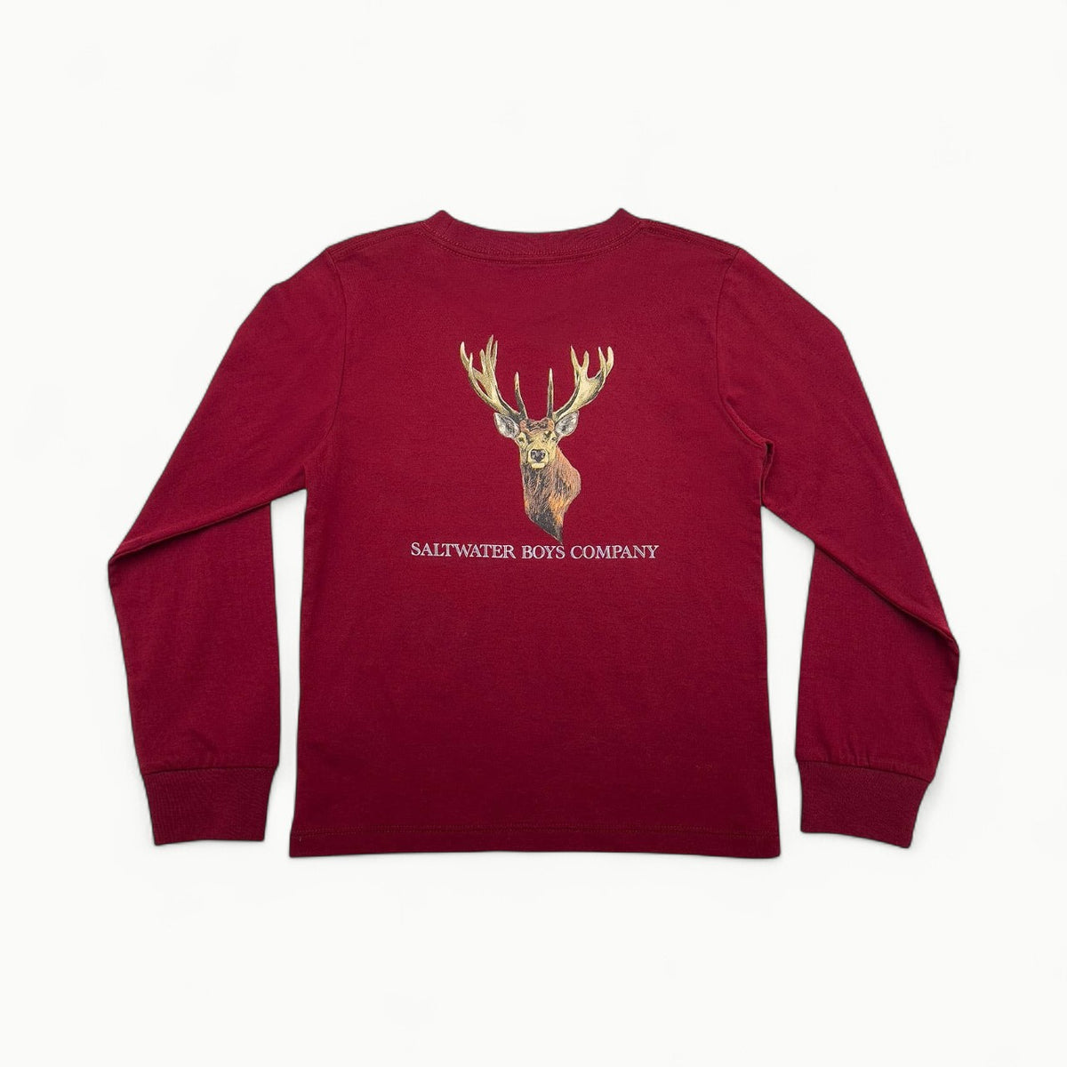Maroon long-sleeve boys' graphic tee with subtle deer head pocket detail in neutral tone