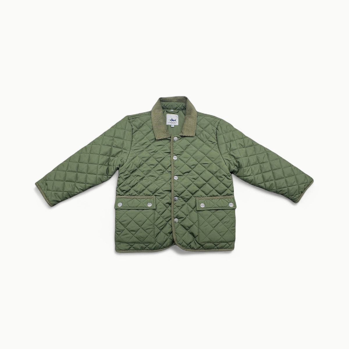 Boys Derby Field Jacket in green quilted fabric with corduroy collar, by Saltwater Boys
