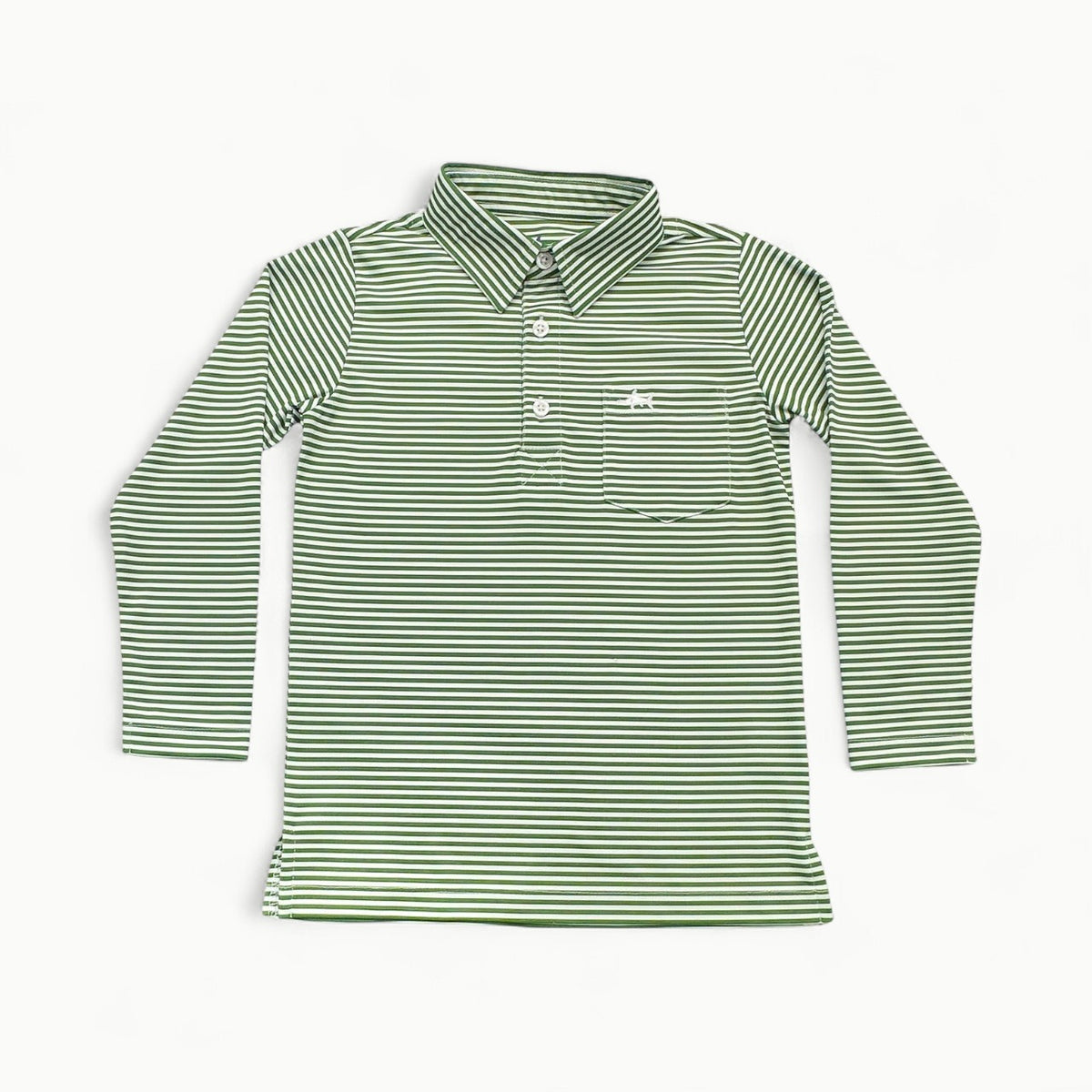 Boys long-sleeve inshore performance polo in green stripe with moisture-wicking fabric