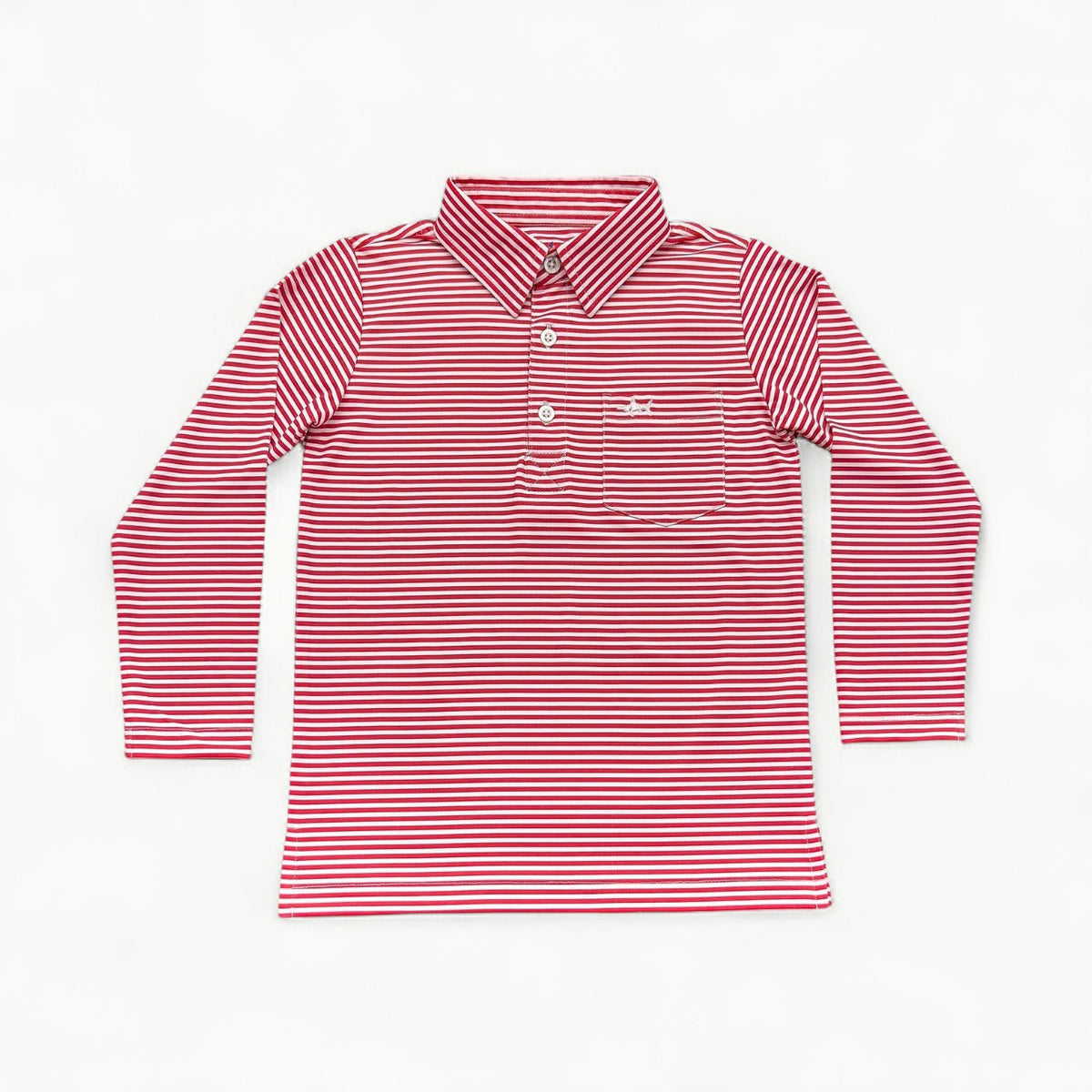 Boys long-sleeve Inshore Performance Polo in red stripe, four-way stretch polyester blend