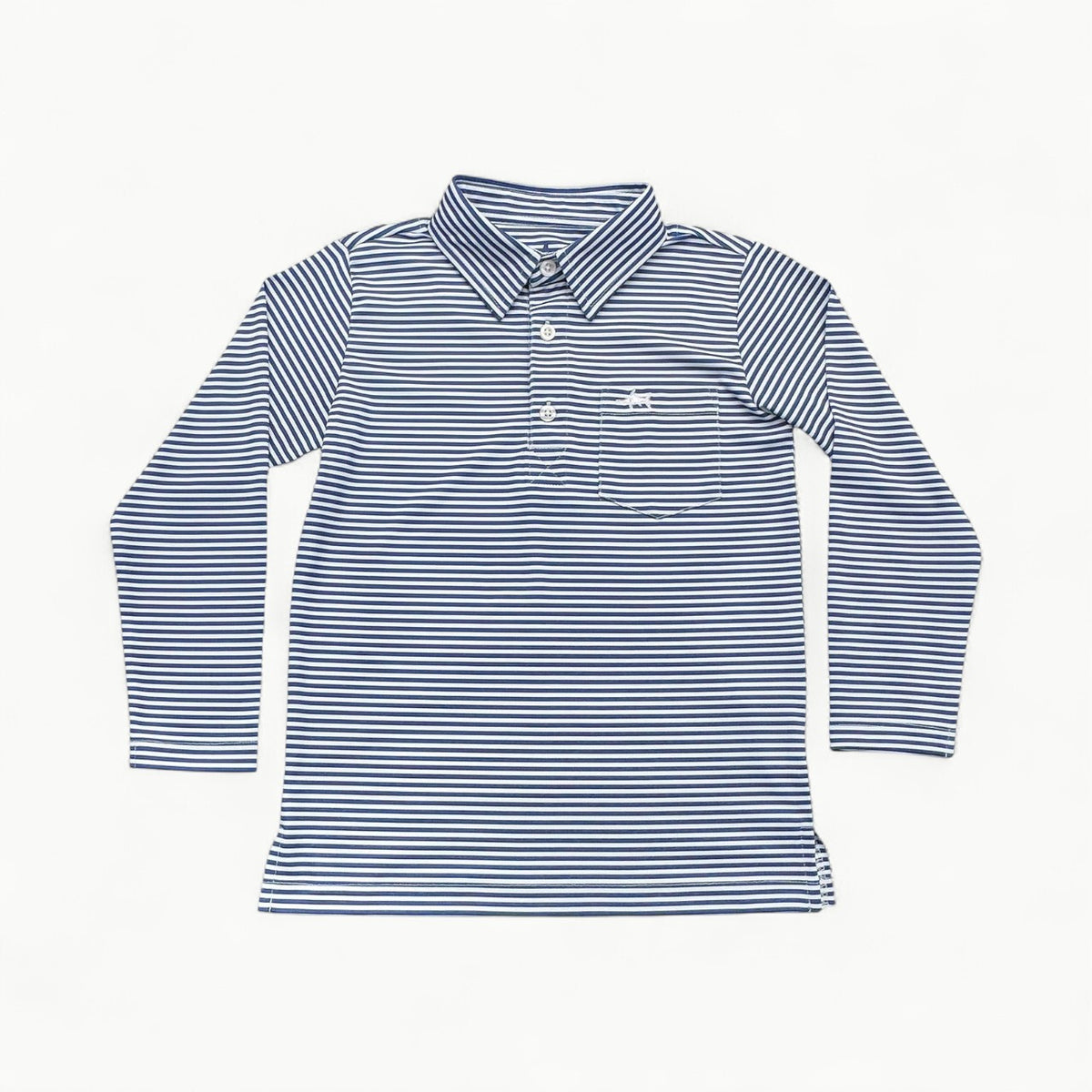 Navy striped long-sleeve boys polo with moisture-wicking four-way stretch fabric