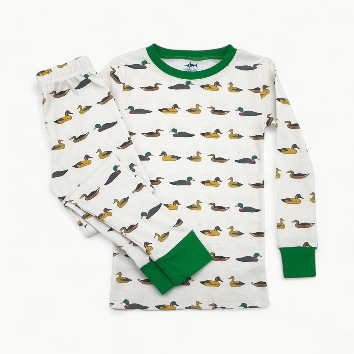 Jekyll two-piece Pima pajamas in Mallards pattern with subtle camo and hidden fish detail