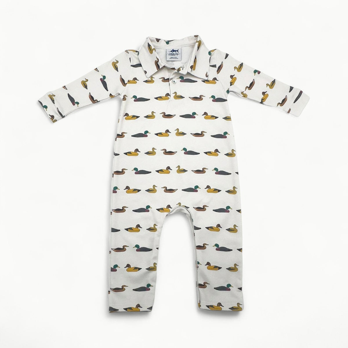 SBC Signature Polo LS Romper in Peruvian Pima cotton with three-button placket