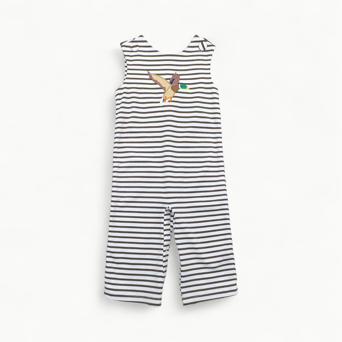 Boys Jack Longall romper in Mallard with appliqué design and striped pattern, snap seat closure