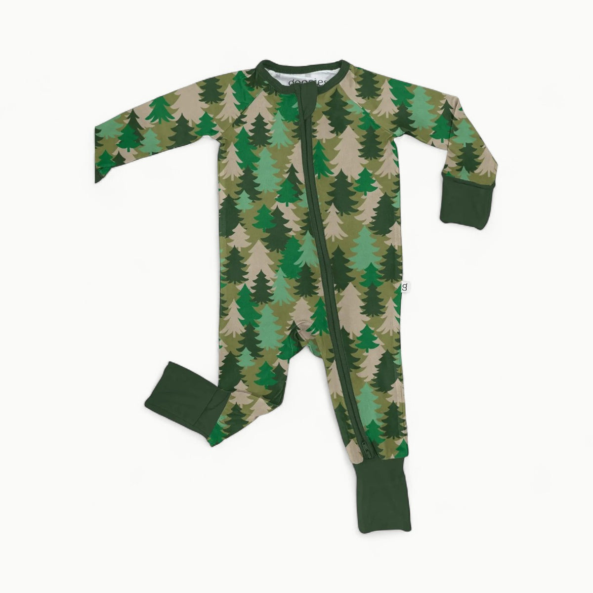 Long-sleeve zip-up pajama set in evergreen camouflage pattern by Goosies