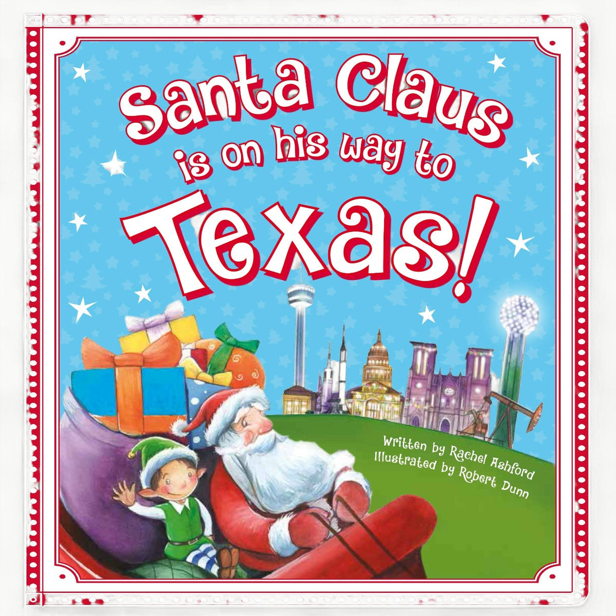 Santa Claus Is on His Way to Texas! board book cover by Sourcebooks featuring festive holiday illustrations