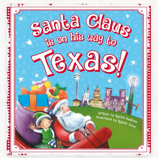 Santa Claus Is on His Way to Texas! board book cover by Sourcebooks featuring festive holiday illustrations