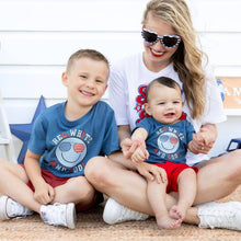 Load image into Gallery viewer, Sweet Wink - Red, White, and Cool Patriotic Smiley Short Sleeve Bodysuit
