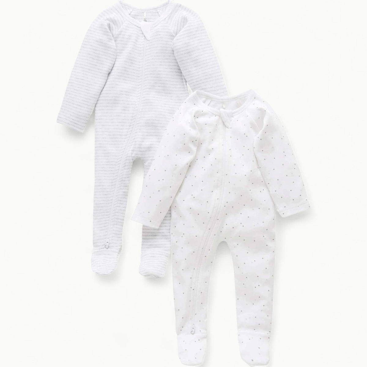 Purebaby pale grey zip growsuit with two-way closure and built-in feet for newborns