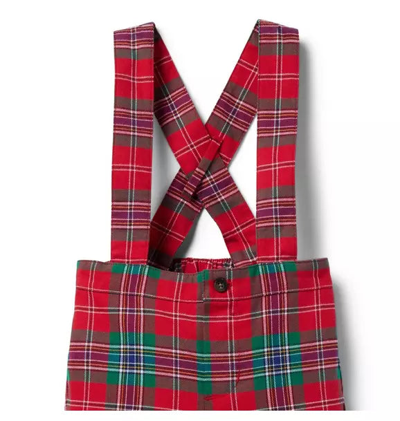 Red plaid suspender pants with adjustable button straps and elasticized back waist, fully lined cotton twill construction.