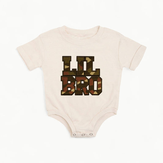 Lil Bro Camo Patch Short Sleeve Romper in natural cotton with camo chenille patch detail