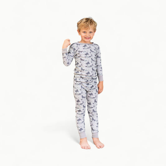 Saltwater Boys Jekyll two-piece pajamas in camo fish print, 100% Pima cotton