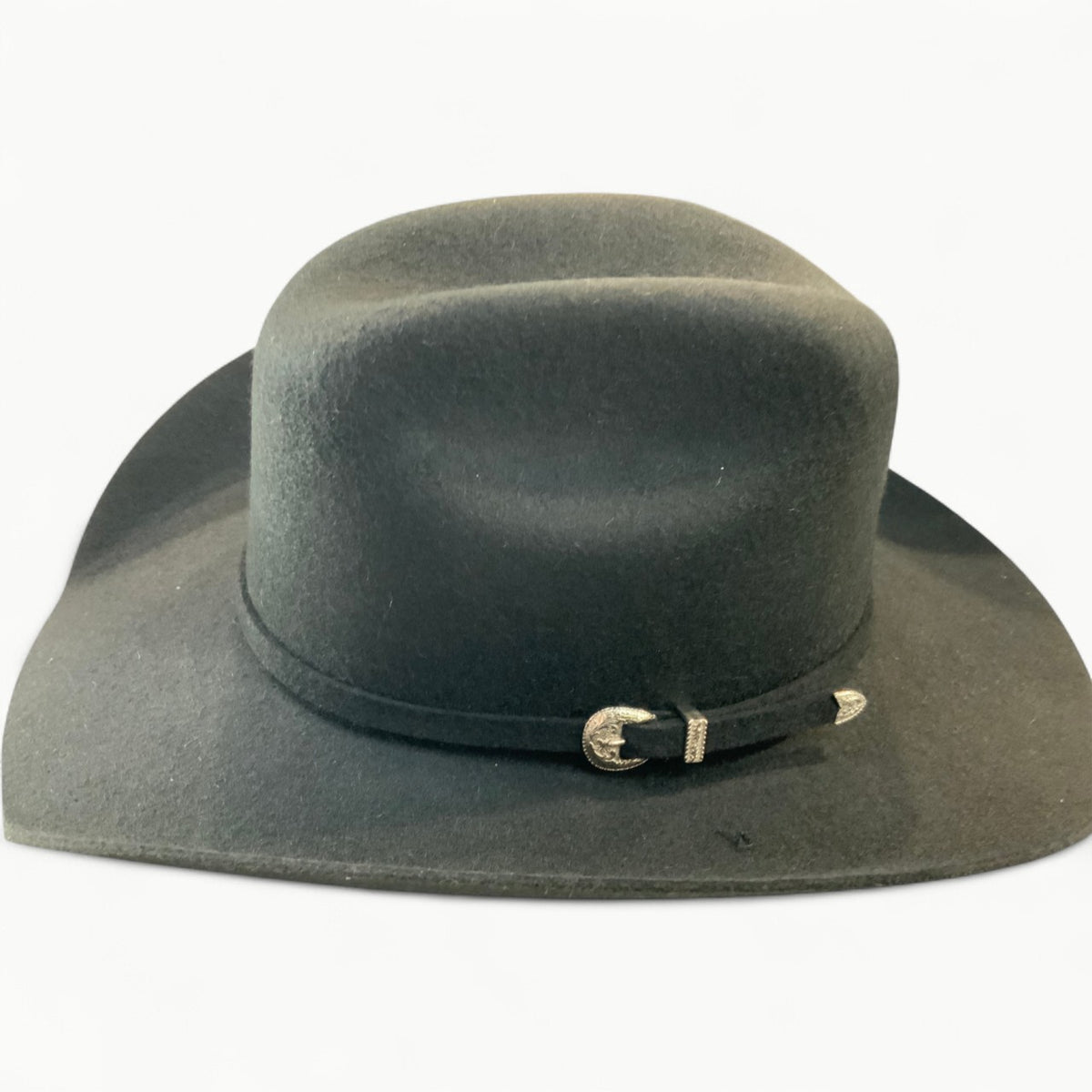 Black wool felt cowboy hat with silver buckle trim by JR Palacios