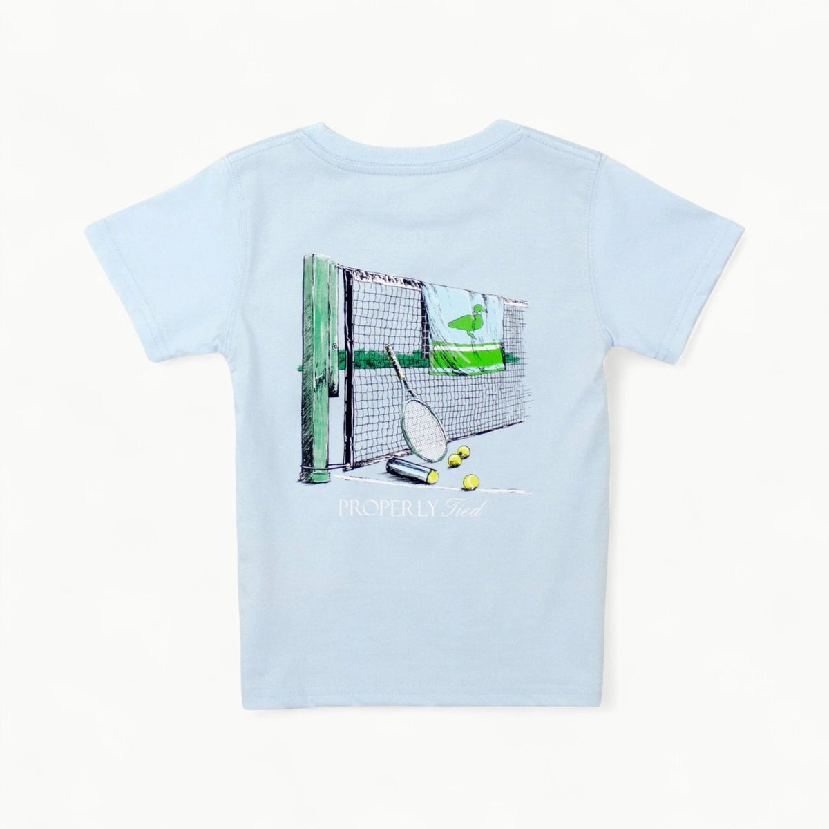 Courtside Short Sleeve tee in periwinkle by Properly Tied, featuring hand-drawn graphics and duck logo pocket