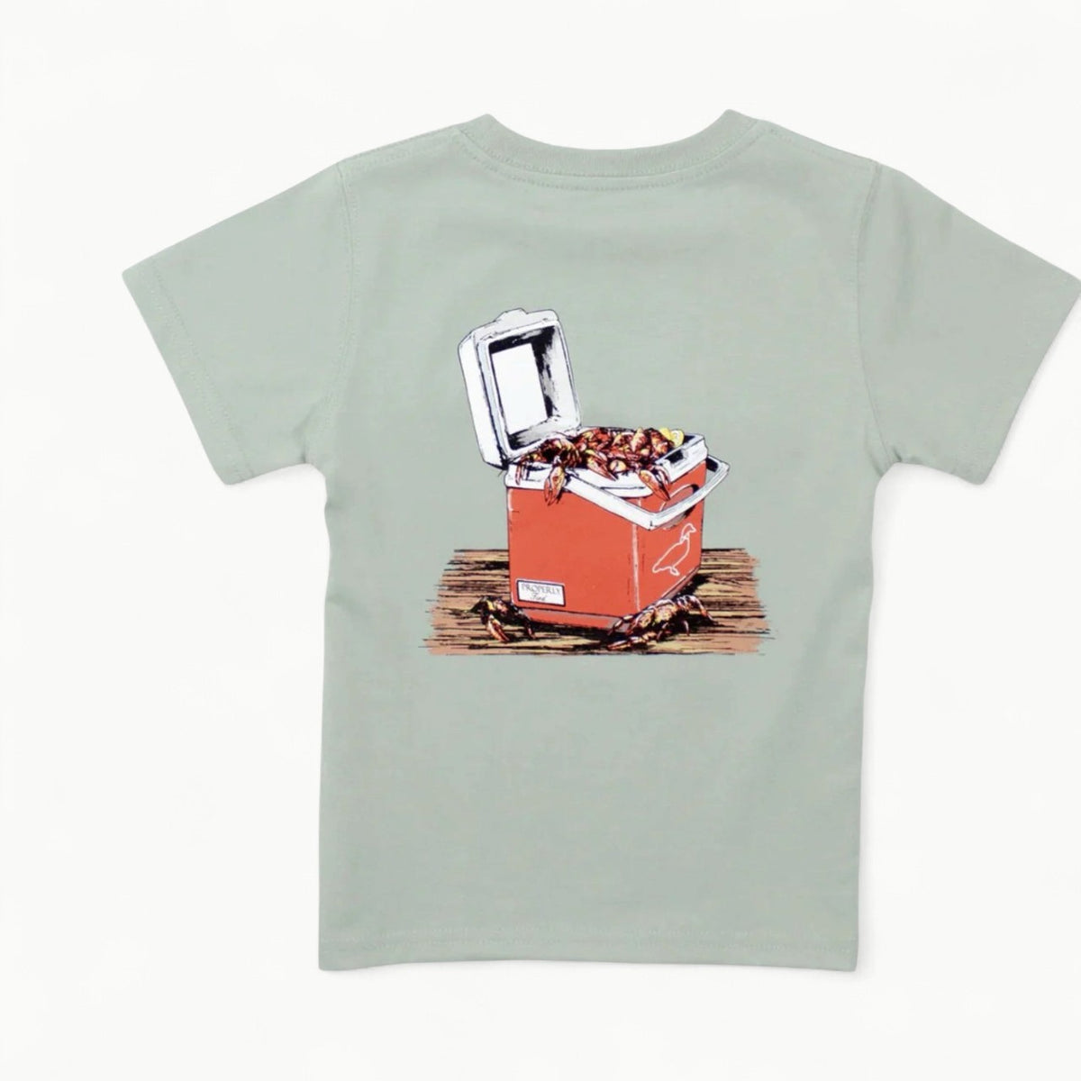 Chrome grey short-sleeve tee with hand-drawn crawfish graphic and duck logo pocket detail by Properly Tied