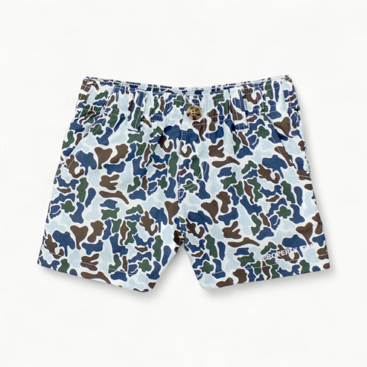 Mallard Shorts in Terra Camo by Properly Tied, 100% nylon elastic-waistband shorts