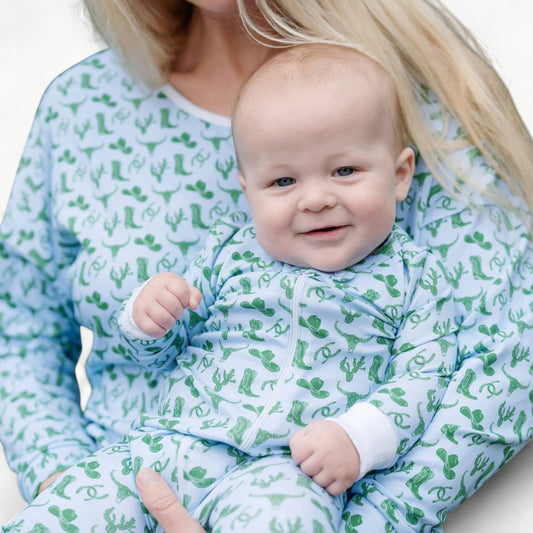 Parker Wild West Blue Pima cotton zipper pajama with built-in feet, newborn to 12 months