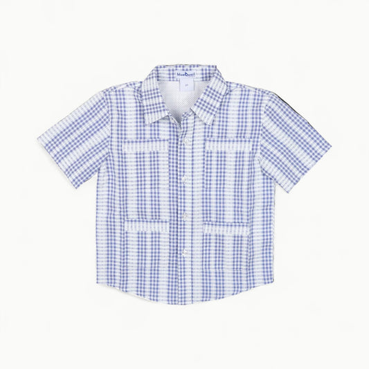 Blue Quail boys' guayabera shirt in deepwater poplin cotton with textured stitching detail and four pockets
