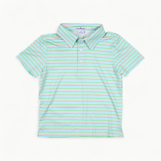 Blue Quail Sherbet Stripe short-sleeved polo shirt in blue with subtle striping