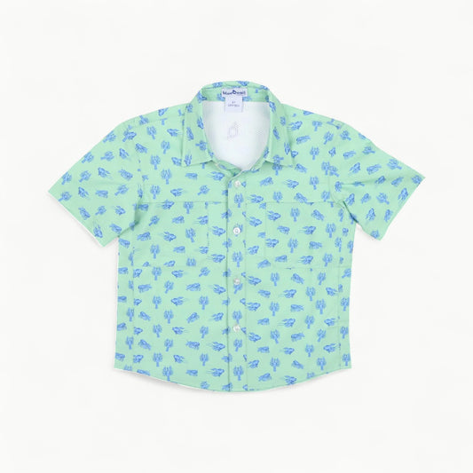 Blue Quail Mudbugs short-sleeve polo shirt in blue quail colorway, front view