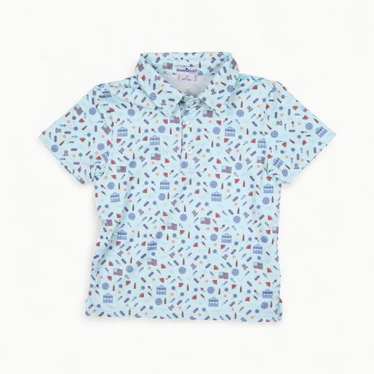 Stars & Stripes short-sleeved polo in Blue Quail, performance mesh construction with UPF protection