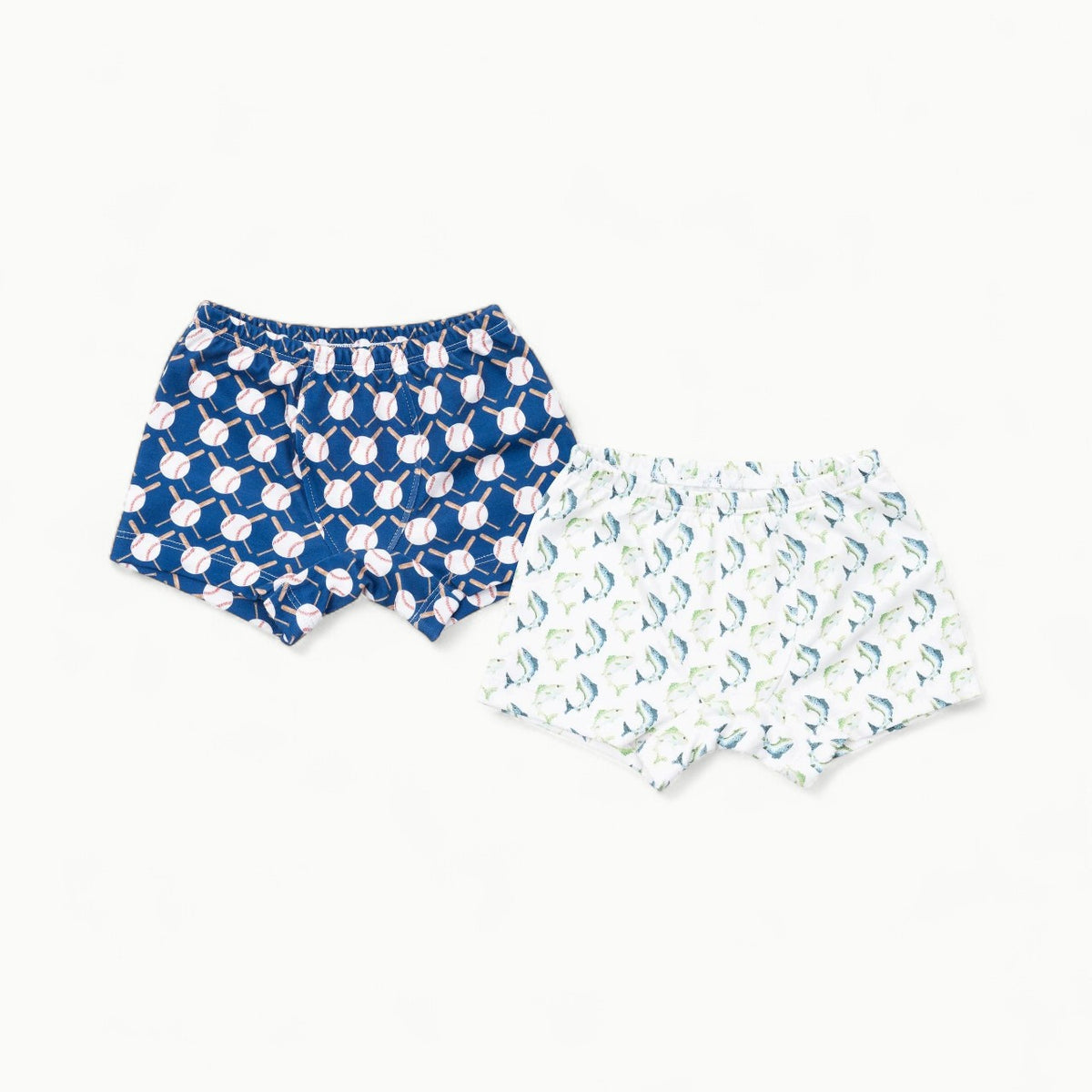 James 2 PC boys boxer briefs by Lila & Hayes in Jumping Trout and Up at Bat prints, 100% pima cotton