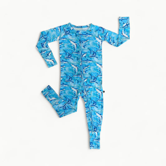 Justin Poppy convertible romper by Lev Baby in bamboo viscose with magnetic foot flaps and dual zippers
