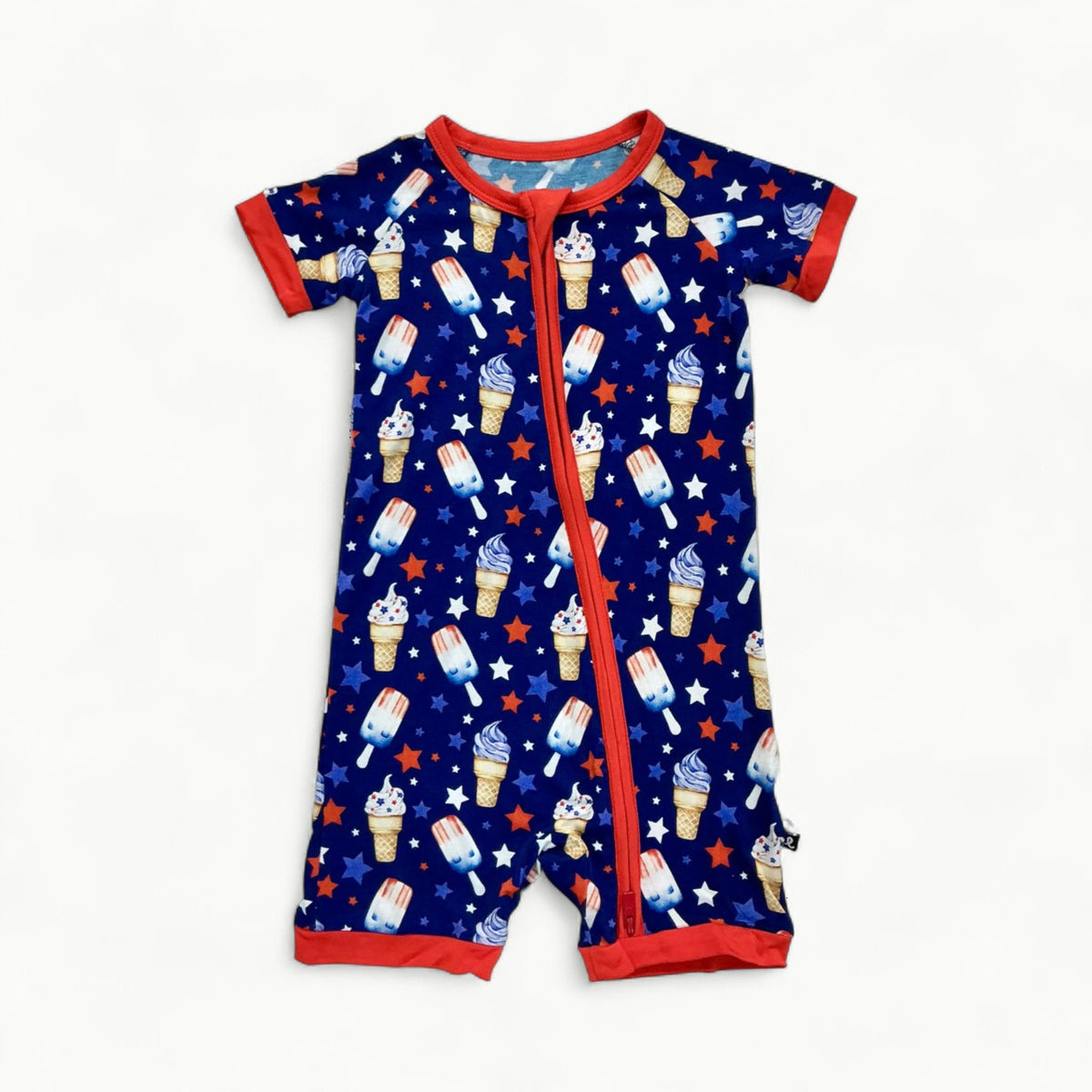 Franklin Shorts Zippered Romper in bamboo by Lev Baby, front view