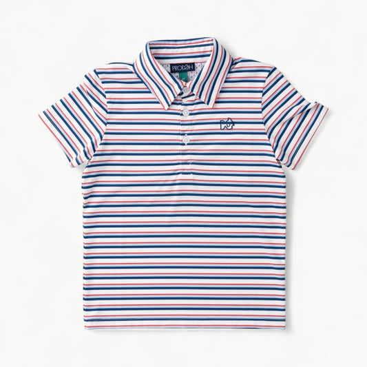 Marine green short sleeve performance polo with subtle stripe, 3-button placket, and mesh back panel