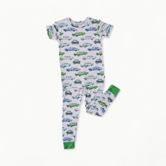 Elvis 2 Piece Lounge Set in soft grey with chrome fins and classic cars, organic bamboo pajamas by Lev Baby