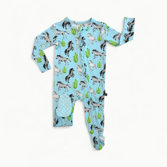 Harrison Zippered Footie in viscose bamboo by Lev Baby, featuring dual zippers and heart-grip feet.