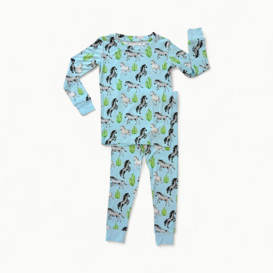 Harrison two-piece lounge set in sky-blue organic bamboo with hand-illustrated horse and cactus print