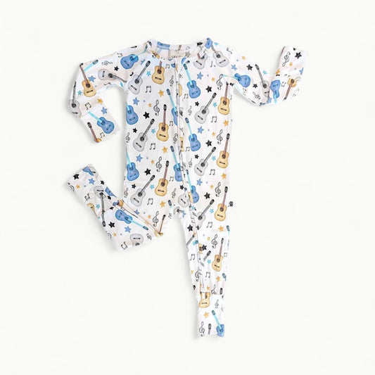 Brad Poppy Convertible Romper in organic bamboo with hand-illustrated acoustic guitar print on blue
