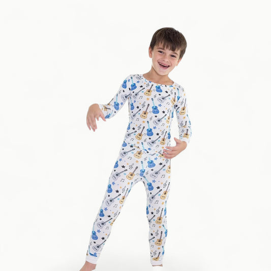 Brad 2 Piece Lounge Set in organic bamboo by Lev Baby—tagless, moisture-wicking pajamas for sensitive skin