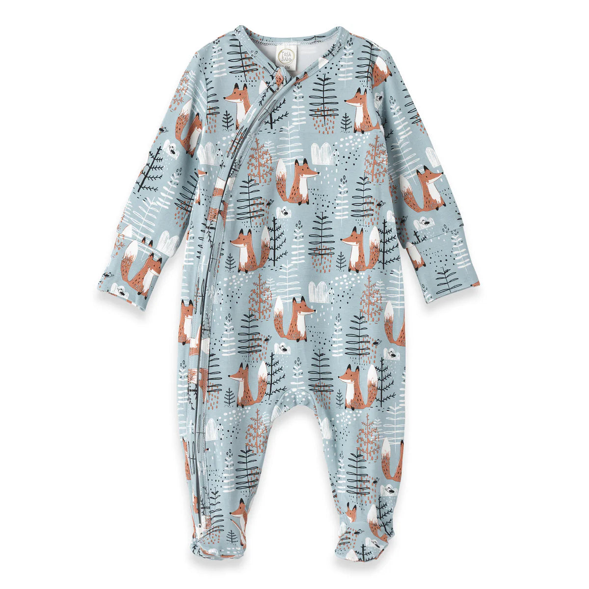 LS Footed Zipper Romper in Foxy Forest by Tesa Babe, long-sleeve one-piece with full-length zipper