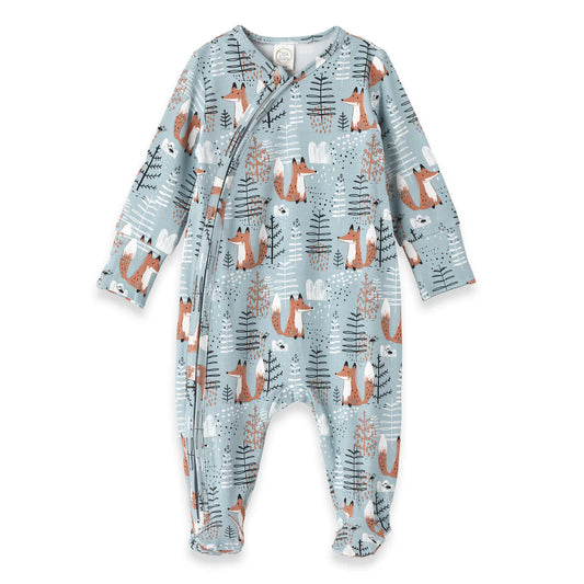 LS Footed Zipper Romper in Foxy Forest by Tesa Babe, long-sleeve one-piece with full-length zipper