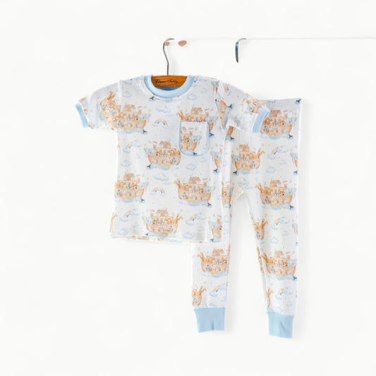 All Aboard Noah's Ark pajamas in organic cotton with Noah's ark and animal print