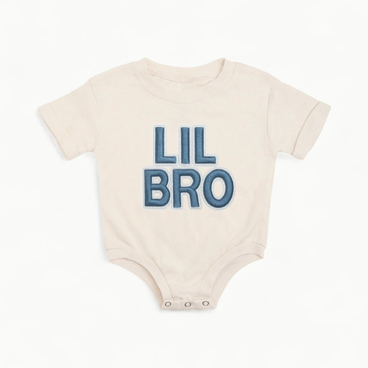 Natural cotton romper with blue embroidered 'Lil Bro' patch, bubble sleeves, tagless design
