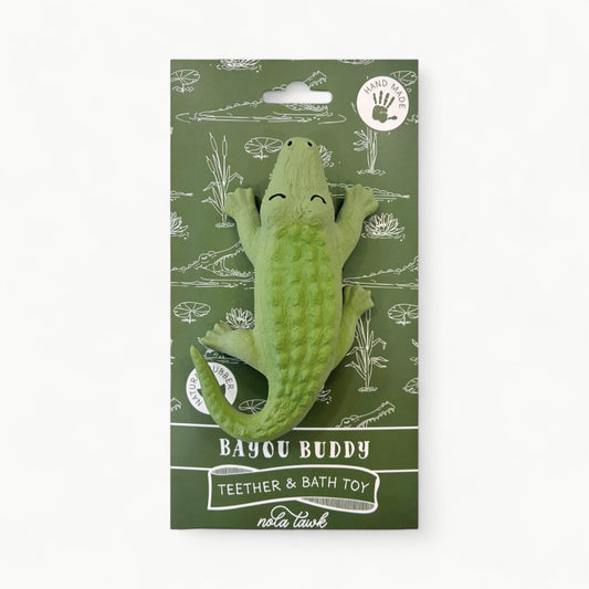 Bayou Buddy Gator natural rubber teether and bath toy by Nola Tawk, hand-painted finish